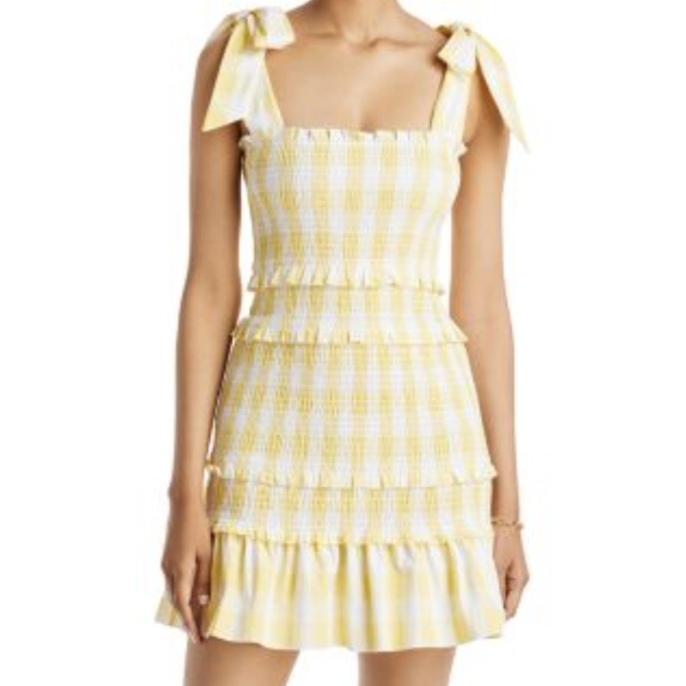 EUC Aqua Yellow Gingham Smocked Mini Dress
